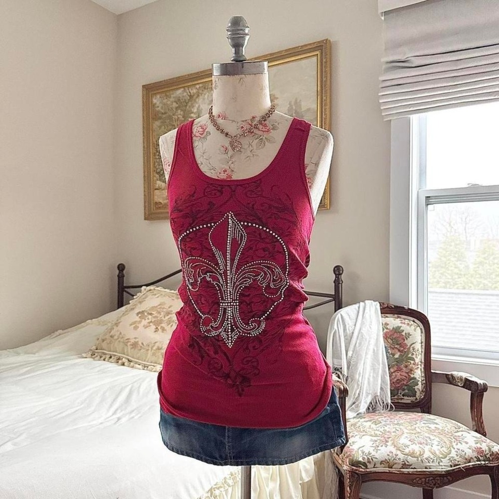 Y2K zona libre red fleur de lis rhinestone tank top size L‎